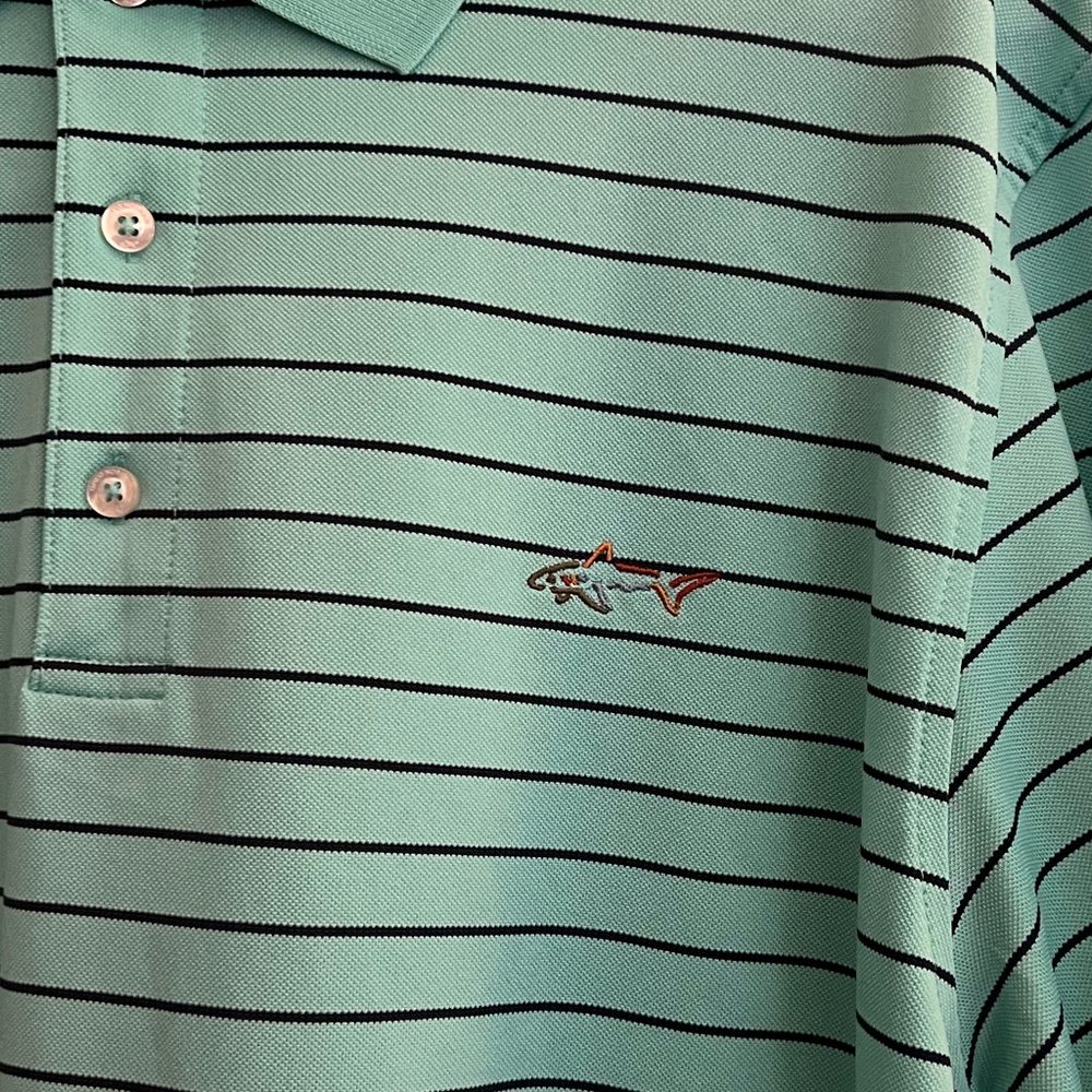 Greg Norman for Tasso Elba Five Iron Stripped Teal Golf Polo Size L - Picture 4 of 6